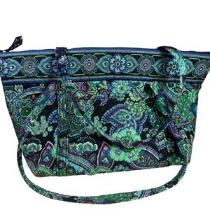 Vera Bradley Quilted Tote Bag Emerald Paisley Print Top Zip Shoulder Bag